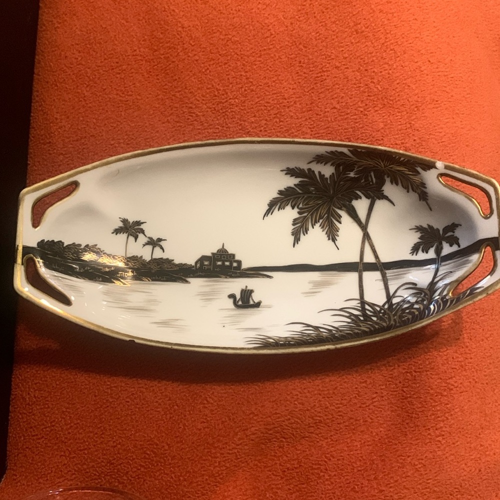 Vintage Nippon Black & Gold Palm tree porcelain dish